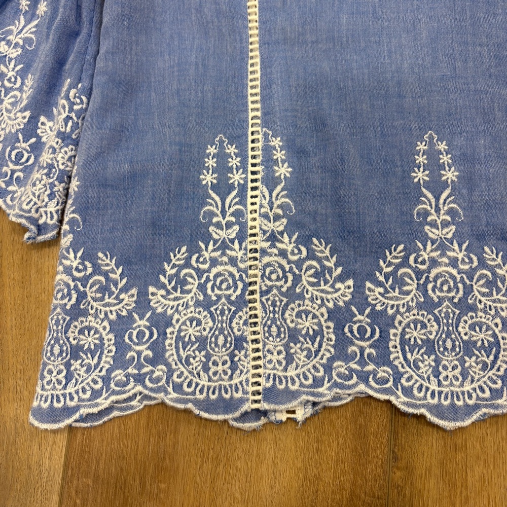 🌟SUNDANCE🌟 EMBROIDERED BELL SLEEVE BOHO V NECK BLOUSE BLUE SZ S - Picture 5 of 7